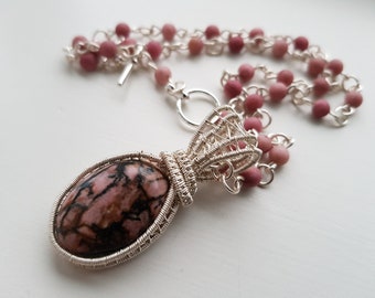 Rhodonite stone pendant wire wrapped necklace