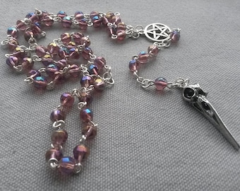 Purple goth rosary with hummingbird skull and pentagram