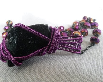 Purple and black wire wrapped necklace with Obsidian pendant