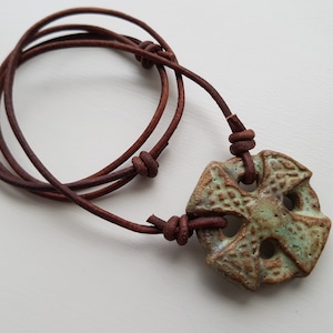 Celtic cross green and brown leather necklace adjustable