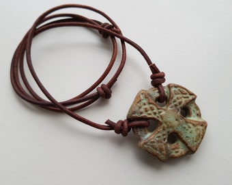 Celtic cross green and brown leather necklace adjustable