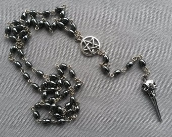 Goth rosary with hummingbird skull and pentagram