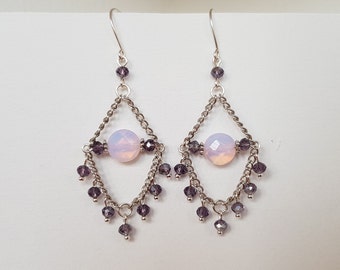 Purple beaded chandelier earrings - Long chain earrings - Chandelier earrings - Dangle earrings purple glass beads hooks Sterling Silver