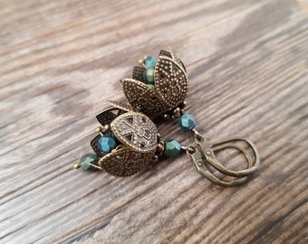Antique bronze flower filigree earring light - bronze earring - light earring - flower earrings