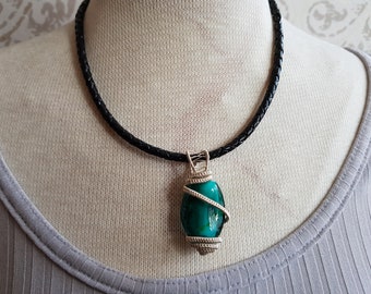 Braided black leather necklace turquoise glass bead hand wire wrapped