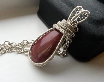 Wire wrapped pendant necklace - Sterling Silver chain - Mookaite semi-precious stone pendant necklace in Sterling Silver