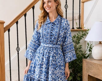 Vestido midi de algodón con estampado de bloques azules para mujer, vestido veraniego floral estilo boho, vestido cottagecore hecho a mano, conjunto ligero para vacaciones.
