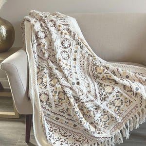 Boho Cotton Throw Blanket for Couch | Handmade Block Print Sofa Throw | Neutral Farmhouse Decor Blanket | Fringe Bed Throw | Gift for Home