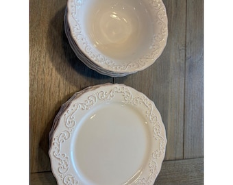 Pier 1 Imports Antique Scroll White Dolomite 6 Salad Plates 4 Bowls 10pc Set