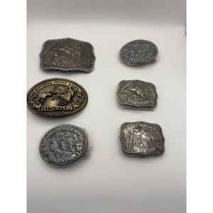 Puede incluir: Colección de seis hebillas de cinturón con temas de rodeo. Las hebillas son plateadas y doradas, con imágenes de caballos y jinetes. El texto incluye "National Finals Rodeo" y "Hesston".