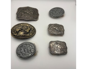 Puede incluir: Colección de seis hebillas de cinturón con temas de rodeo. Las hebillas son plateadas y doradas, con imágenes de caballos y jinetes. El texto incluye "National Finals Rodeo" y "Hesston".
