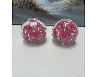 Juego de 2 portavelas de burbujas controladas con diseño floral rosa de Zimmerman Art Glass, Indiana