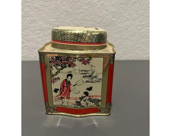 Lata/Caixa de Chá Vintage Chinesa em Metal Vermelho e Dourado - Cena Asiática