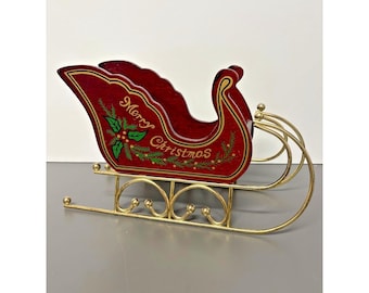 Vintage julsläde i trä, guldfärgade metalllöpare "God Jul"