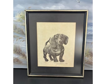 Nancy Louvier Signed Numbered Dachshund Puppy Framed Art 121/200 Black Gold