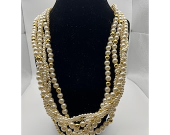 Chunky Multi Strand Faux Pearl Gold Tone Statement Necklace