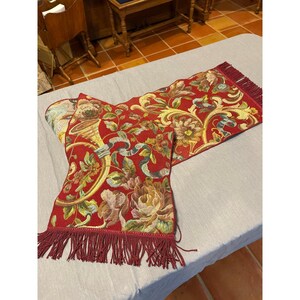 Vintage Tapestry Table Runner Burgundy Red Floral Cornucopia Fringe 68 Inch