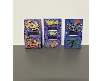 Hand-Painted Wood Folk Art Sea Life Light Switch Plates Lot of 3 Nautical Coast