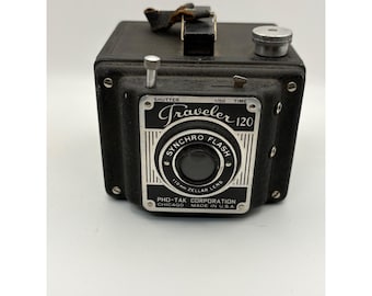 Cámara de caja vintage Pho-Tak Traveler 120 con flash sincronizado y lente Zellar de 110 mm, Chicago