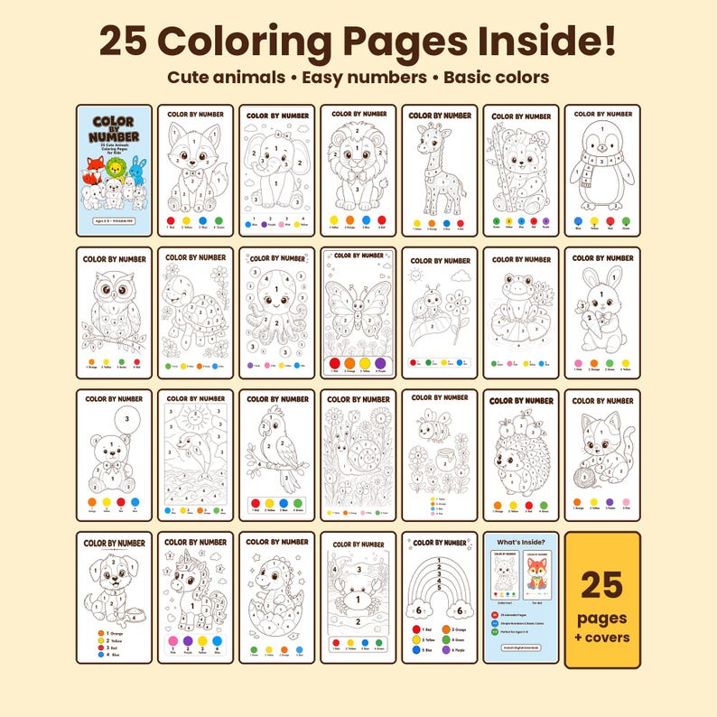 Color by Number for Kids, 25 Cute Animal Coloring Pages, Printable PDF ...
