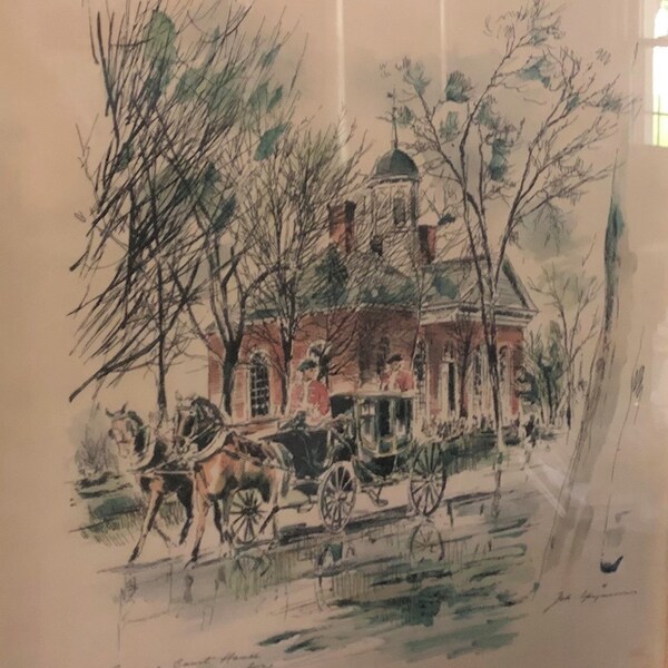 Impresión de acuarela litográfica vintage de John Haymson, Palacio de justicia colonial en Williamsburg, siglo XX