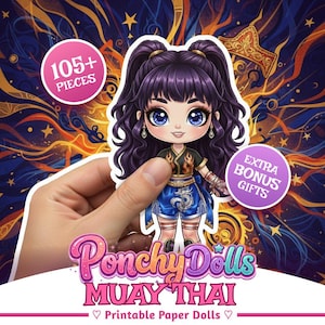 May include: A sticker of a cartoon Muay Thai fighter doll with purple hair and blue eyes. The sticker is held by a hand and has the text "Ponchy Dolls Muay Thai" and "105+ Pieces". The background is a colorful abstract design.
