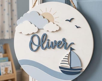 Targa personalizzata per la cameretta a tema barca a vela, targa nautica per neonati, decorazione rotonda in legno personalizzata per la cameretta, regalo per baby shower, tema oceano