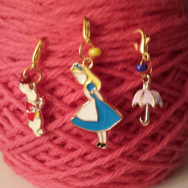 Alice in Wonderland Theme Knitting Stitch Markers-Set 4-Project Bag Zipper Charm-Purse Charm-Cell Phone Charm-Progress Keeper-Gold Tone