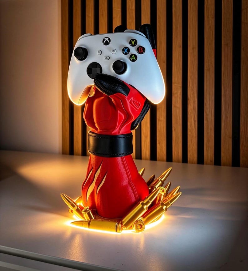 May include: A white video game controller held by a red and black glove-shaped stand. The base of the stand is surrounded by several gold-coloured bullet-shaped decorative elements, with a black band encircling the wrist area of the red glove.