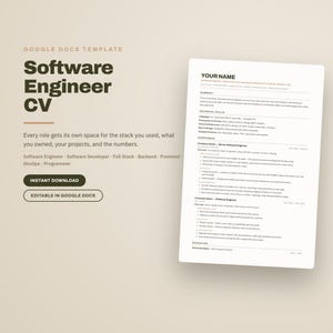 Könnte beinhalten: Eine Google Docs-Vorlage für einen Software-Ingenieur-Lebenslauf mit einer dunkelbraunen Überschrift mit dem Text Software Engineer CV, gefolgt von beschreibendem Text, zwei Schaltflächen Instant Download und Editable in Google Docs sowie einer Vorschau.