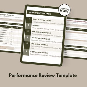 Könnte beinhalten: Ein digitales Tablet zeigt eine Vorlage für die Leistungsbeurteilung mit einem Button "Jetzt herunterladen". Der Bildschirm zeigt Anweisungen, eine Manager-Scorecard und einen Leistungsverbesserungsplan. Der Text "Performance Review Template" befindet sich unten.