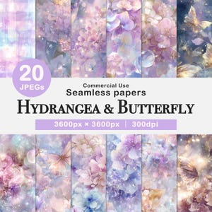 Könnte beinhalten: Eine Sammlung von 20 nahtlosen digitalen Papieren mit Hortensien- und Schmetterlingsdesigns in Lila-, Rosa- und Blautönen. Die Papiere sind 3600px x 3600px groß und für den kommerziellen Gebrauch bestimmt.