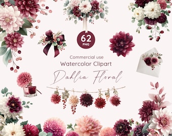 May include: A digital collection of 62 watercolor dahlia floral clipart elements featuring burgundy, pink, and white flowers, green foliage, berries, a dark ribbon bow, and an envelope, with the text Commercial use Watercolor Clipart Dahlia Floral.