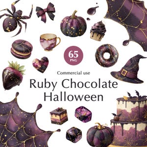 Può includere: Una collezione digitale di 65 immagini PNG con elementi a tema Halloween in viola e oro, tra cui un ragno, un fiocco, una zucca, un cupcake, una ciambella, un cappello da strega, una fragola, una tazza, un macaron, una torta e ragnatele con il testo Ruby Chocolate Halloween.