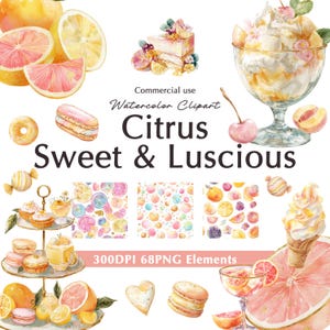 Può includere: Illustrazione ad acquerello con agrumi e dessert. L'immagine include pompelmi, limoni, torta, gelato, macarons e caramelle. Il testo recita "Citrus Sweet & Luscious" e "300DPI 68PNG Elements".