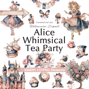 May include: A watercolour clipart set with an Alice in Wonderland theme. The illustrations include Alice, a castle, teacups, a cat, roses, and the text "Alice Whimsical Tea Party". The set is labelled "Commercial use" and "300DPI 137PNG Elements".