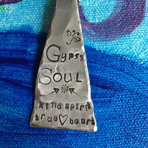 Gypsy Soul Kind Spirit True Heart Hand Stamped Metal Jewelry Pendant Art Quote Tag Charm Ornament Free Spirit Wander Wonder Boho Jewelry