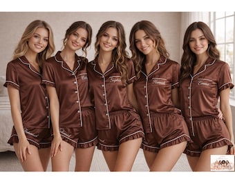 Personalized Satin Ruffle Pajama Shorts – Custom Text Sleepwear Set Bridal Party Loungewear Bridesmaid Satin Shorts for Women Gift for Her