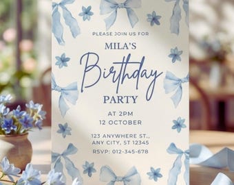 Blue Coquette Birthday Invitation, Watercolor Bows, Floral Template (Digital Download)