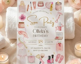 Spa Birthday Invitation Template, Watercolor Pamper Party Invite (Digital Download)