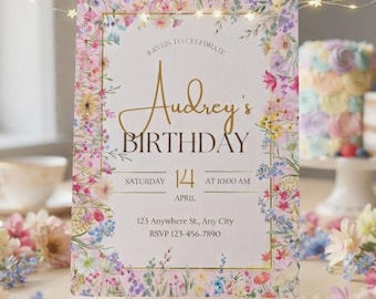 Invitación de cumpleaños floral, invitación a fiesta en el jardín con un toque original, plantilla editable (5x7)