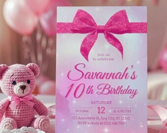 Editable Pink Bow Birthday Invitation | 5x7" Canva Template (Digital Download)