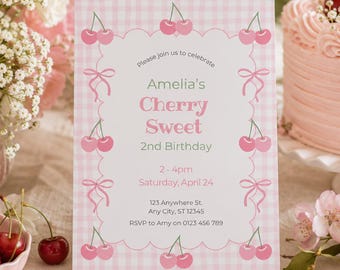Cherry Sweet Birthday Invitation, Pink Gingham Party Template (Digital Download)