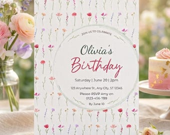 Watercolour Wildflower Birthday Invitation, Pink Botanical Garden Party (Digital File)
