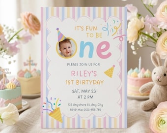Pastel Photo Birthday Invitation, Whimsical Stripes First Birthday Template (Canva Download)