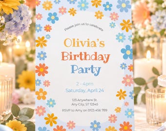 Retro Daisy Birthday Invitation, Colorful Flower Party Invite (Digital File)