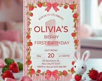 Strawberry First Birthday Invitation, Berry Sweet Girl Invite, Pink Summer Party (5x7 Canva Template)