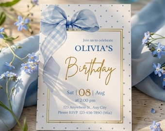 Blue Gingham Bow Birthday Invitation, Watercolor Coquette Invite (Digital Download)