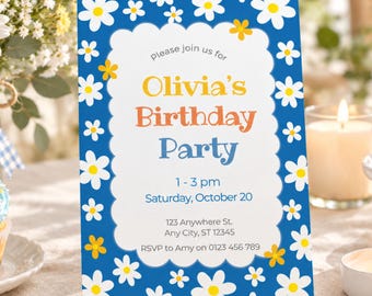 Retro Daisy Birthday Invitation, Blue Floral Party Invite (Digital File)