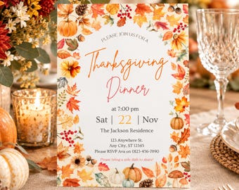 Watercolor Thanksgiving Dinner Invitation, Autumn Floral Gathering (Digital File)